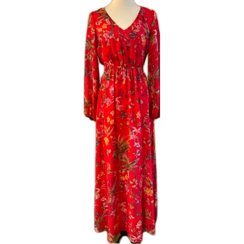 INC International Concepts Red Floral Maxi Dress Long Sleeve Belted Size 16